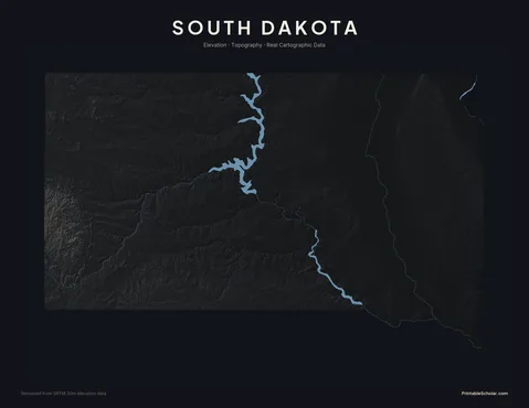 South Dakota topographic relief poster — high-contrast monochrome rendering of the Black Hills, the Badlands, and the Missouri Plateau