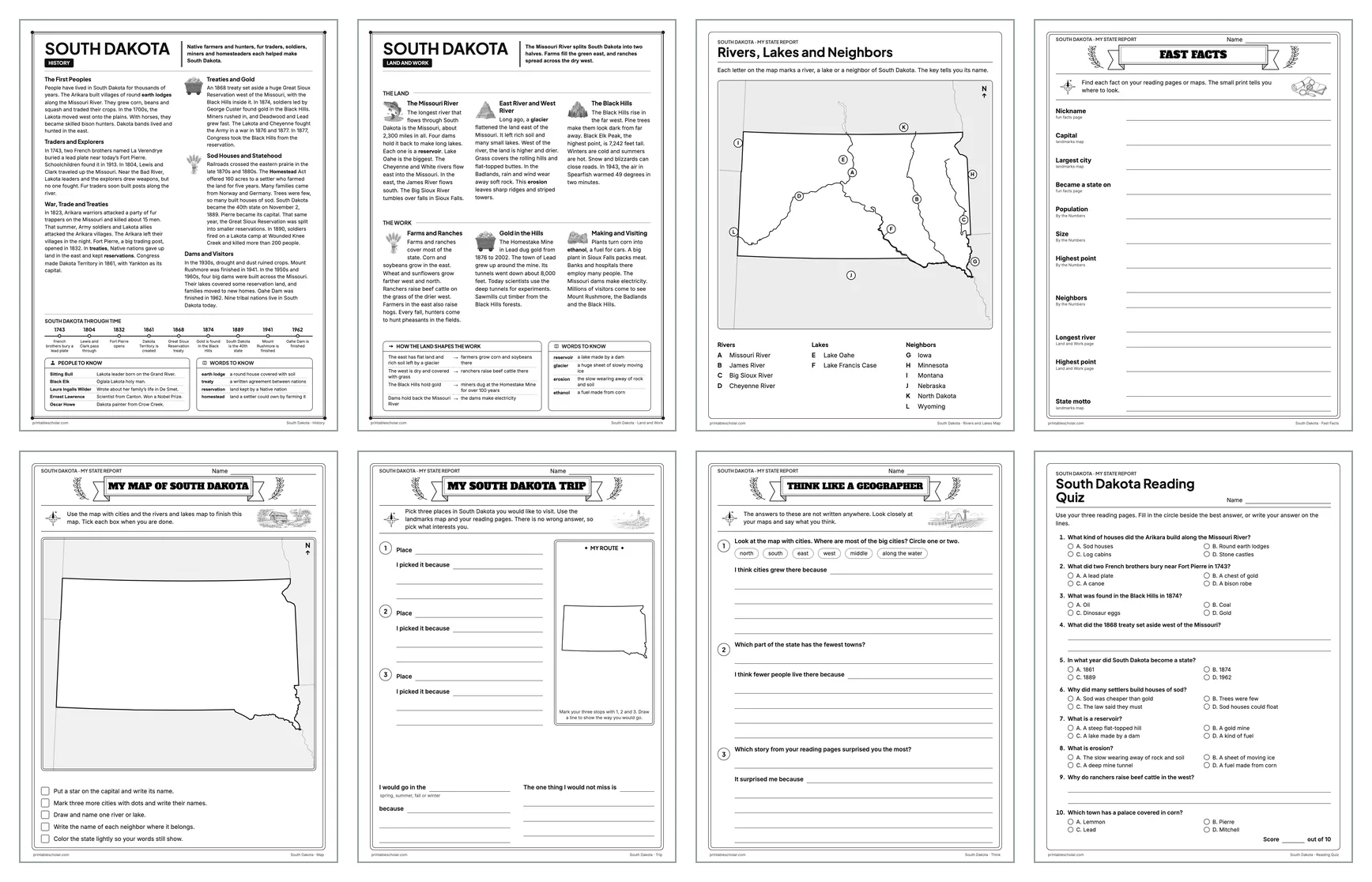 Eight pages from the South Dakota State Report Kit: History, Land and Work, the rivers and lakes map, Fast Facts, My Map, My Trip, Think Like a Geographer and the reading quiz