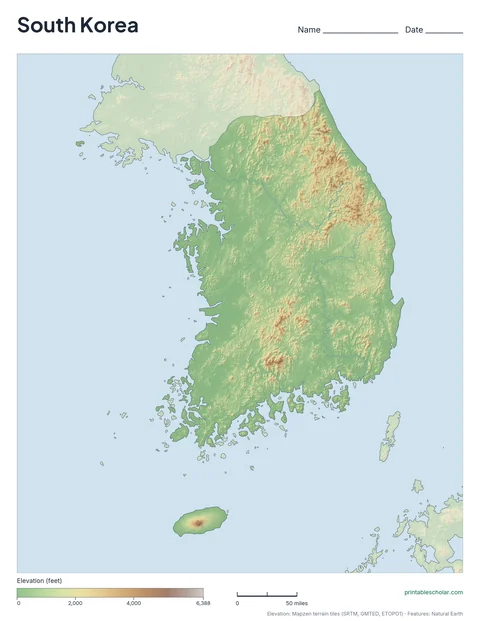 South Korea physical map, blank, for labeling practice