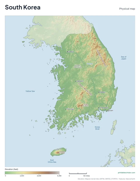 South Korea physical map, labeled