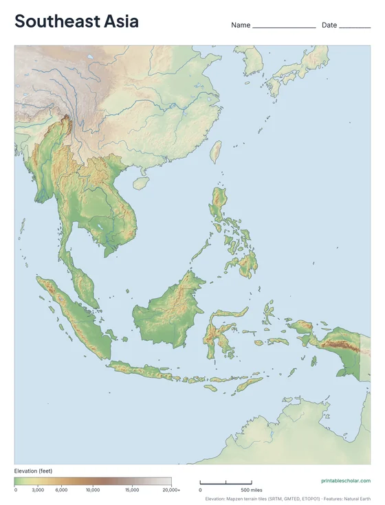 Southeast Asia map: physical, blank