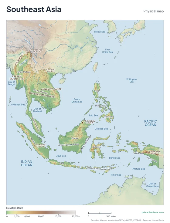 Southeast Asia map: physical