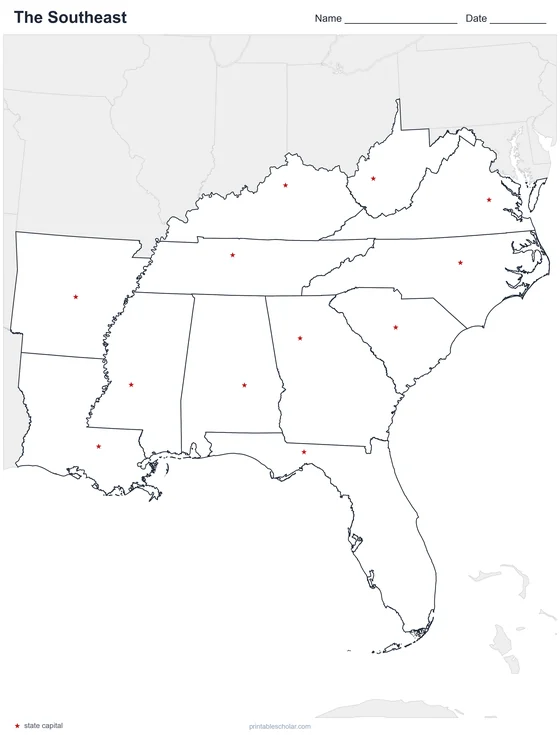 Southeast States Map, blank
