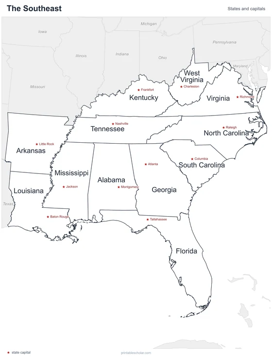 Southeast States Map, labeled