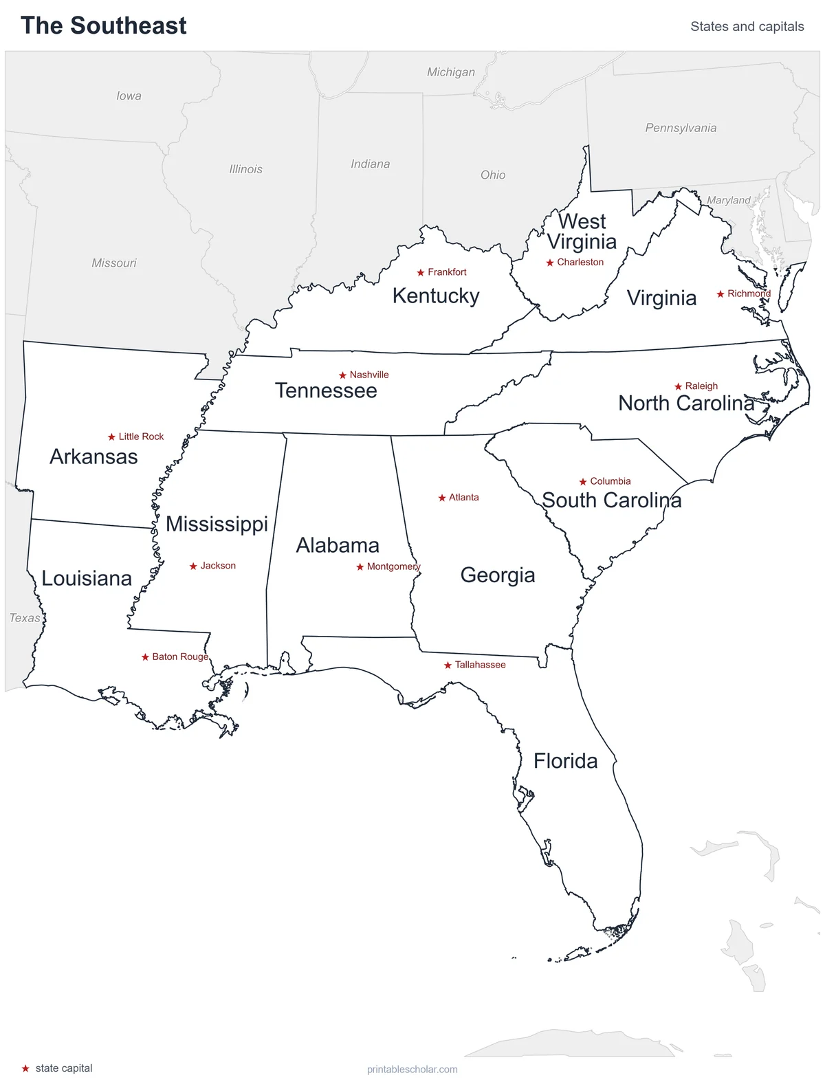 Southeast States Map, labeled