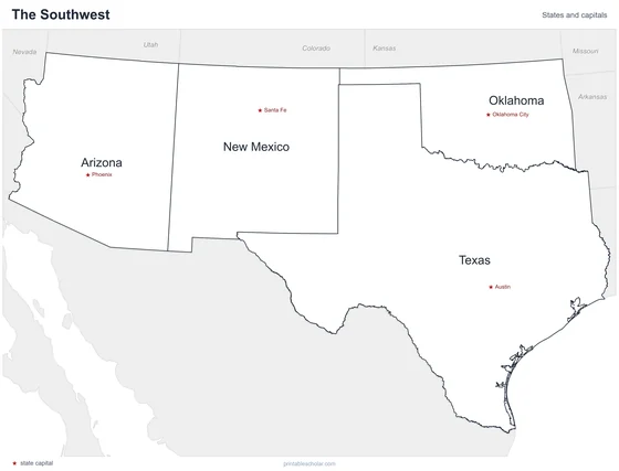 Southwest States Map, labeled