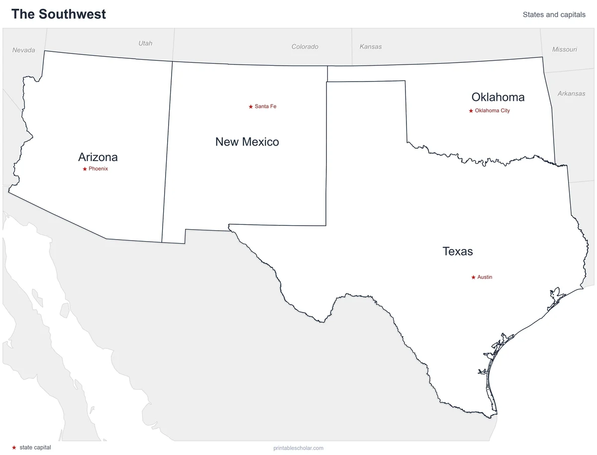 Southwest States Map, labeled