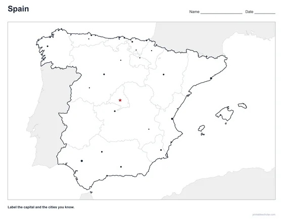 Spain Map with Cities, blank