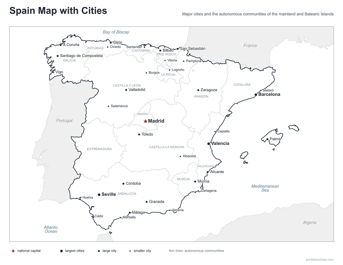 Spain Map with Cities, labeled