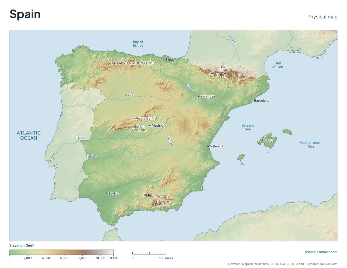 Physical map of Spain with mountain ranges, deserts, rivers and highest peaks labeled