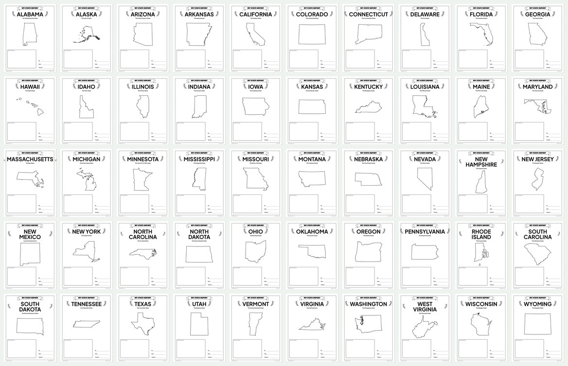 The report booklet covers of all 50 State Report Kits, Alabama to Wyoming