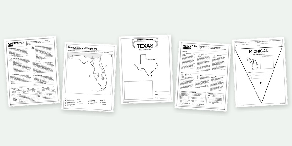 Pages from five State Report Kits: the California History page, the Florida rivers and lakes map, the Texas report cover, the New York Land and Work page and the Michigan pennant