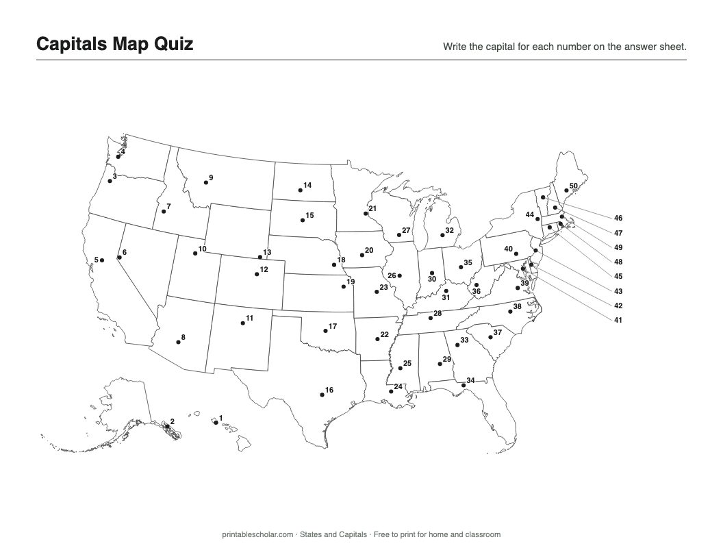 Capitals Map Quiz printable