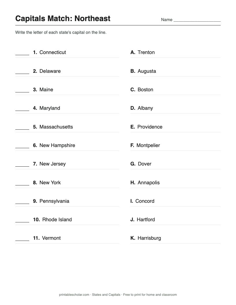 Match the Capitals by Region printable