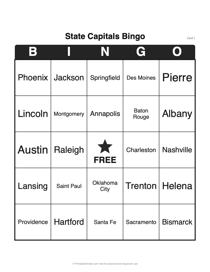 State Capitals Bingo printable