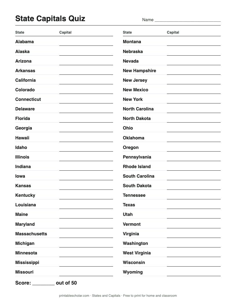 State Capitals Quiz printable