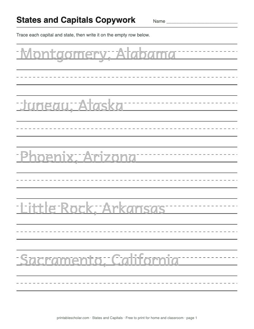 States and Capitals Copywork (Print) printable