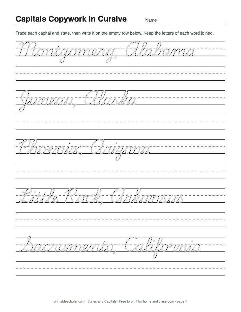 States and Capitals Copywork (Cursive) printable