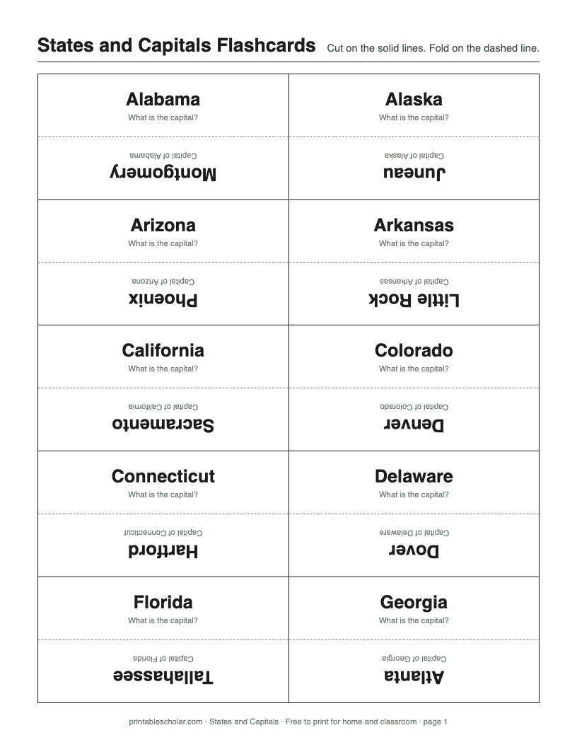 States and Capitals Flashcards printable