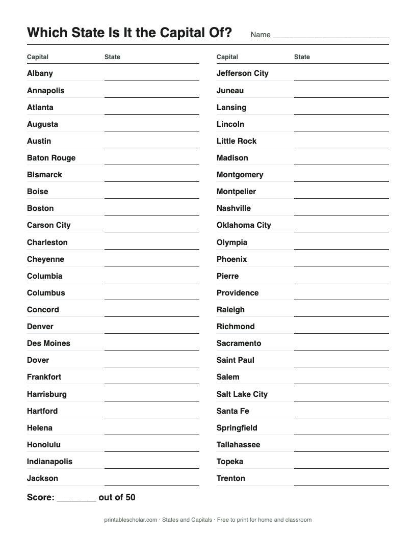 Which State? Reverse Quiz printable