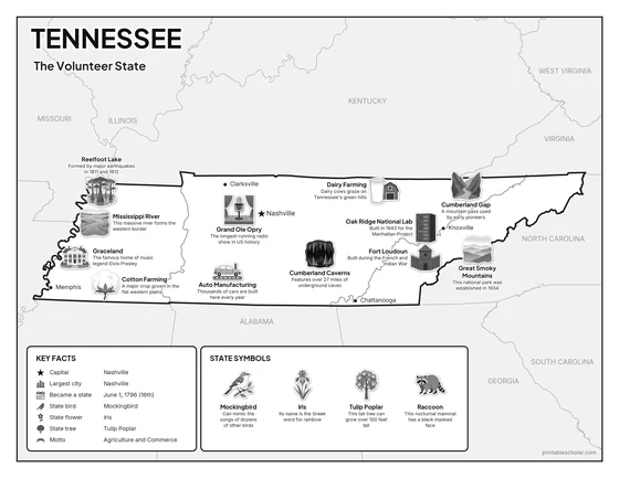 Black and white illustrated map of Tennessee