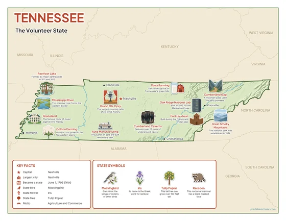 Illustrated map of Tennessee in color