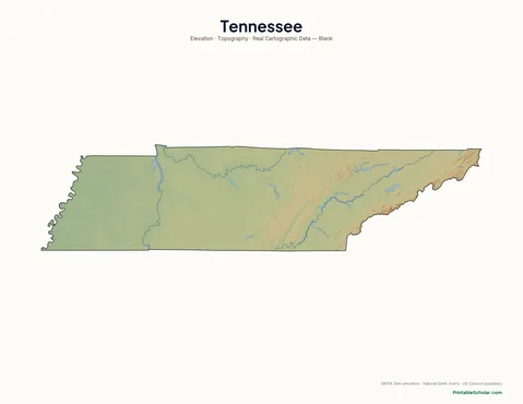 Tennessee blank physical map — same topographic relief, no labels, for label-it-yourself geography exercises