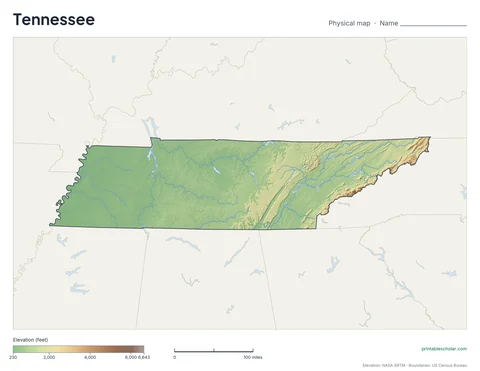 Tennessee blank physical map: the same terrain with no labels, for labeling practice