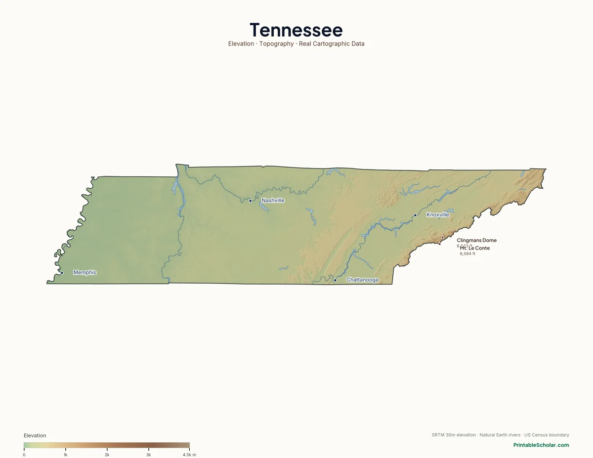 Tennessee physical map showing the Smoky Mountains, the Cumberland Plateau, and the Mississippi River valley, with major peaks and cities labeled. Topographic relief from NASA SRTM elevation data.