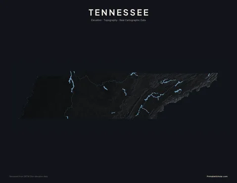 Tennessee topographic relief poster — high-contrast monochrome rendering of the Smoky Mountains, the Cumberland Plateau, and the Mississippi River valley