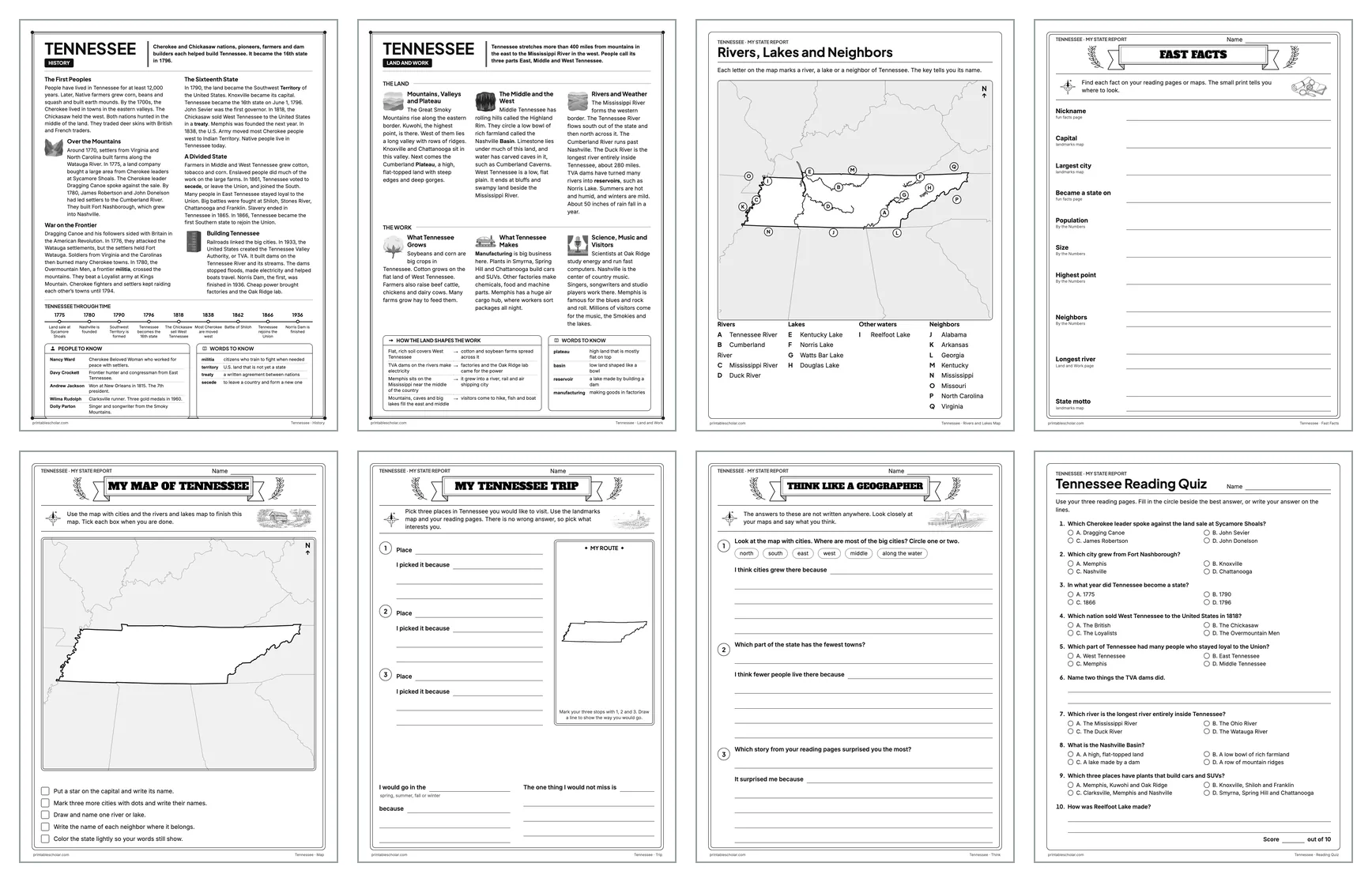 Eight pages from the Tennessee State Report Kit: History, Land and Work, the rivers and lakes map, Fast Facts, My Map, My Trip, Think Like a Geographer and the reading quiz