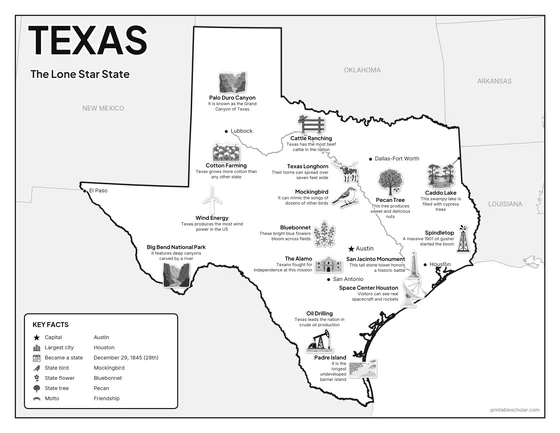 Black and white illustrated map of Texas