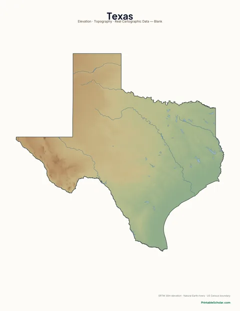 Texas blank physical map — same topographic relief, no labels, for label-it-yourself geography exercises