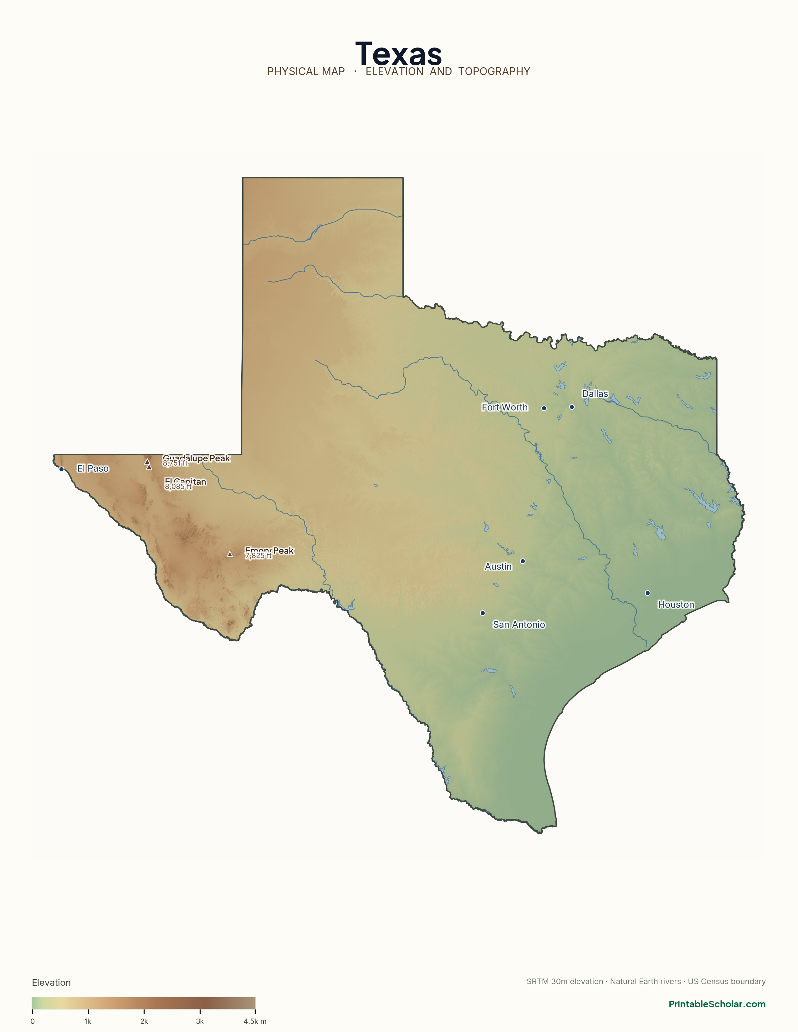 Texas physical map with labeled peaks, cities, and rivers