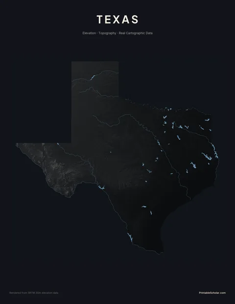 Texas topographic relief poster — high-contrast monochrome rendering of the Guadalupe Mountains, Edwards Plateau, Gulf Coastal Plain, and Llano Estacado