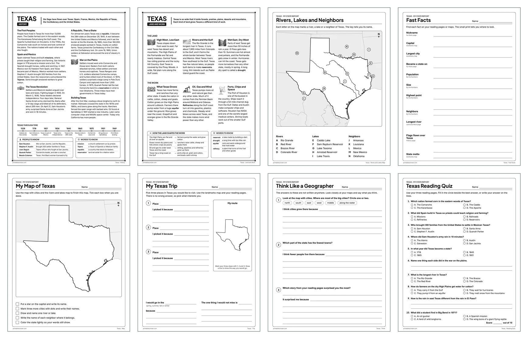 Eight pages from the Texas State Report Kit: History, Land and Work, the rivers and lakes map, Fast Facts, My Map, My Trip, Think Like a Geographer and the reading quiz