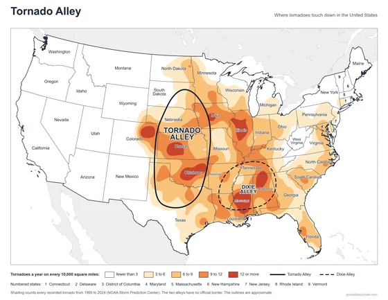 Tornado Alley Map, labeled