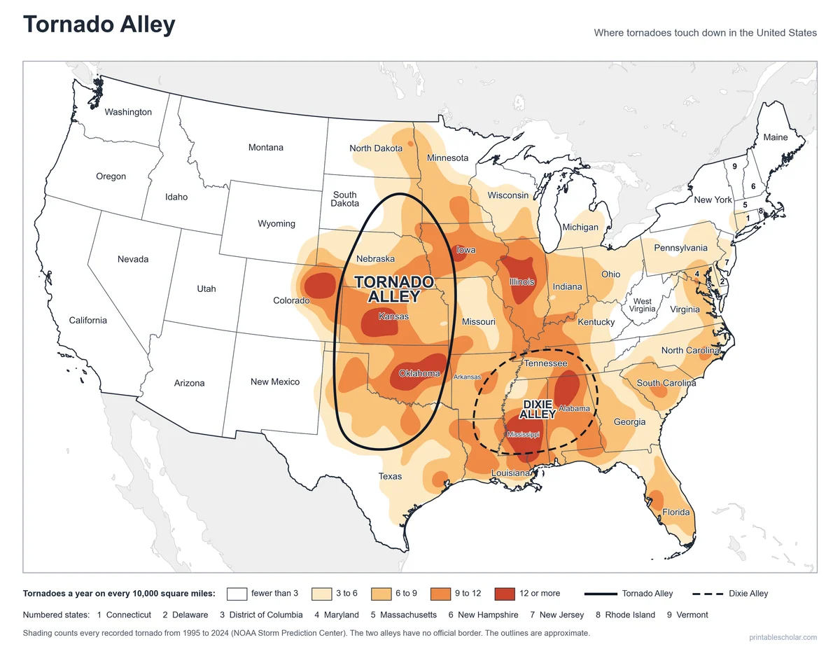 Tornado Alley Map, labeled