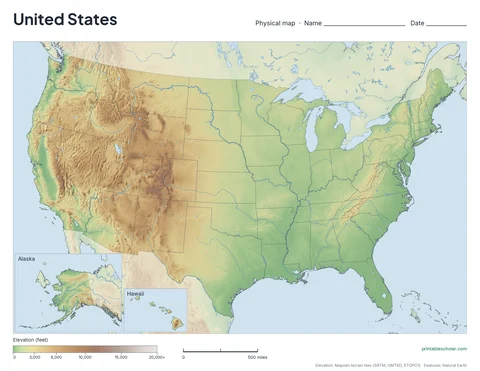 United States physical map, blank, for labeling practice
