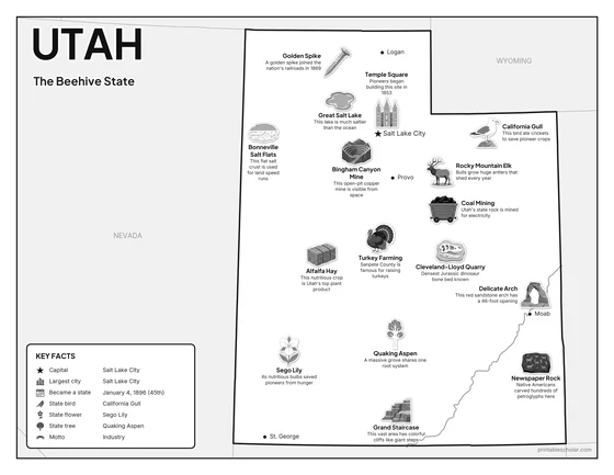 Black and white illustrated map of Utah