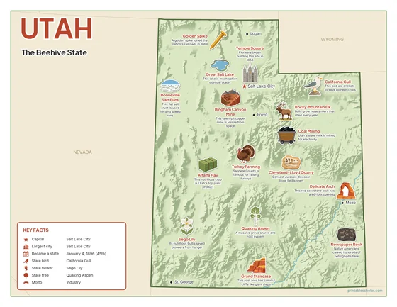 Illustrated map of Utah in color