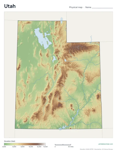 Utah blank physical map: the same terrain with no labels, for labeling practice