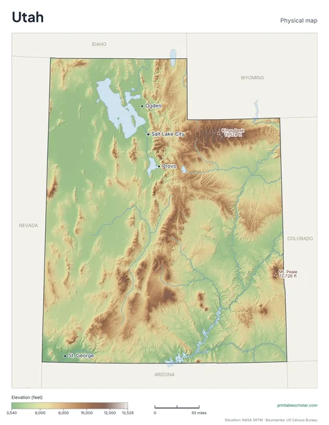 Utah physical map, labeled: the Wasatch Range, the Uinta Mountains, the Great Basin, and the Colorado Plateau, with the capital, cities and highest point marked