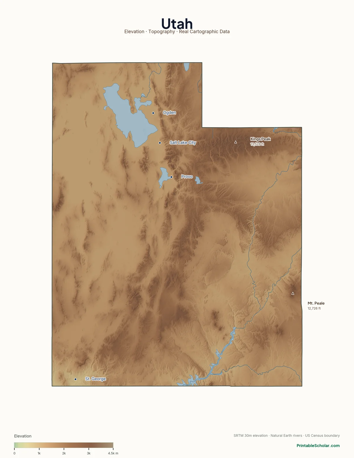 Utah physical map showing the Wasatch Range, the Uinta Mountains, the Great Basin, and the Colorado Plateau, with major peaks and cities labeled. Topographic relief from NASA SRTM elevation data.