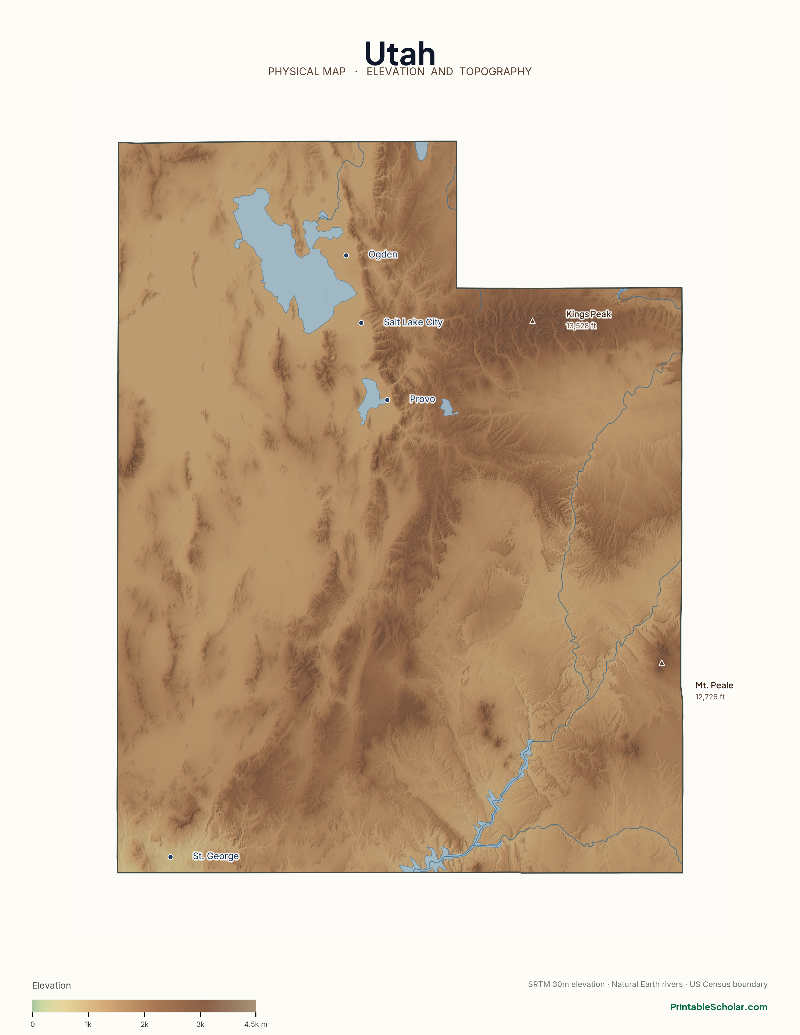 Utah physical map with labeled peaks, cities, and rivers