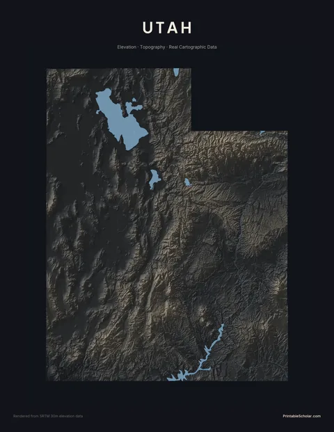Utah topographic relief poster — high-contrast monochrome rendering of the Wasatch Range, the Uinta Mountains, the Great Basin, and the Colorado Plateau