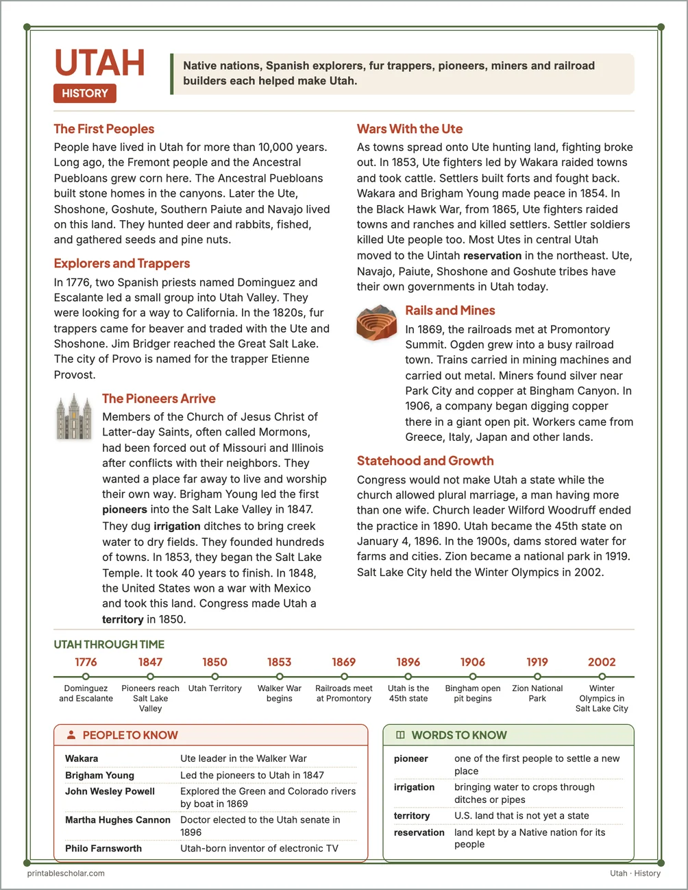 Utah history reading page for kids with a timeline, people to know and words to know