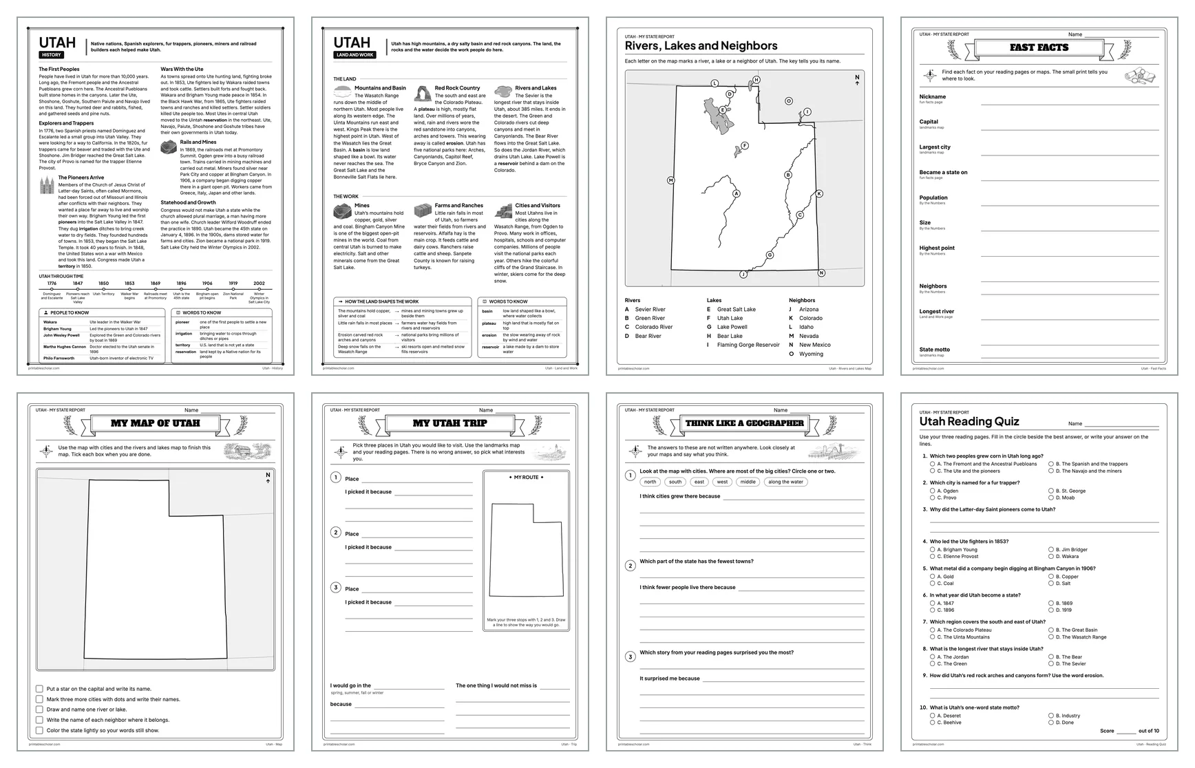 Eight pages from the Utah State Report Kit: History, Land and Work, the rivers and lakes map, Fast Facts, My Map, My Trip, Think Like a Geographer and the reading quiz