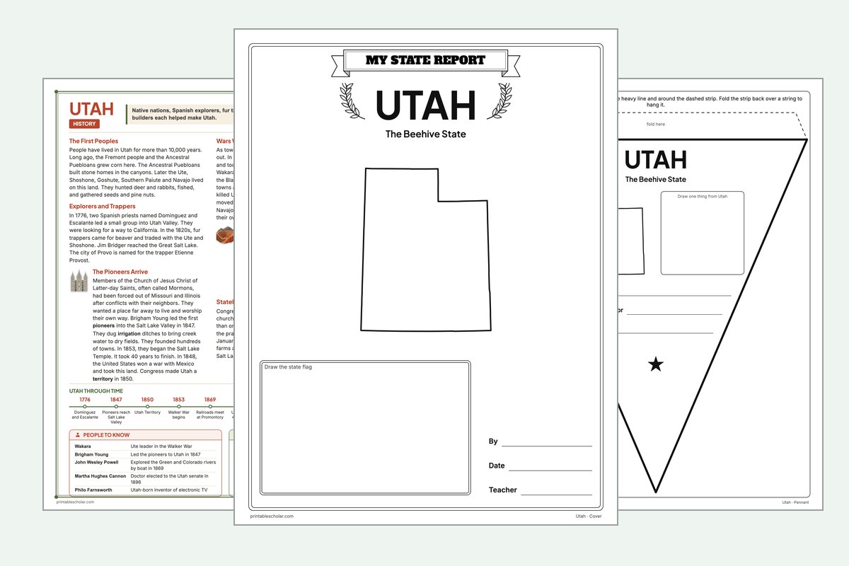 Utah State Report Kit: the report booklet cover, the history reading page and the pennant