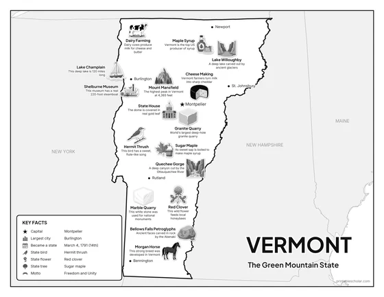 Black and white illustrated map of Vermont